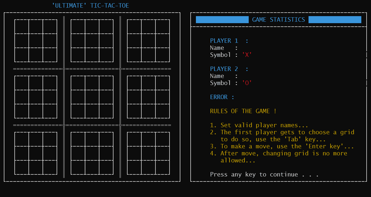 Ultimate Tic-Tac-Toe (Terminal Application) screenshot